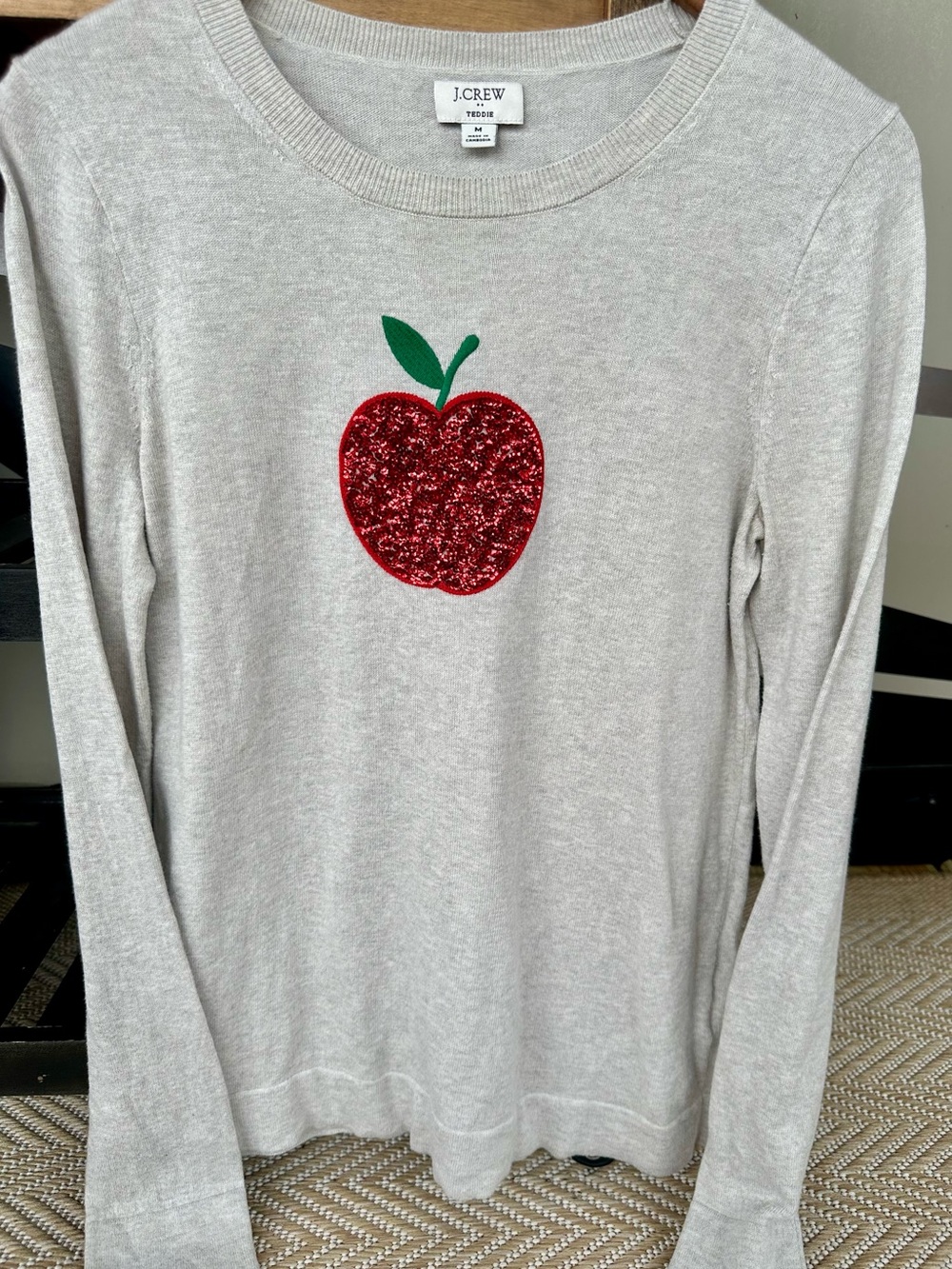 J. Crew Cream Crewneck Sweater with Red Sequin Apple